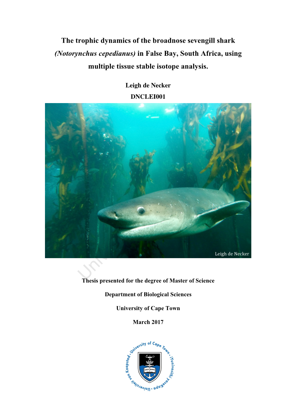 The Trophic Dynamics of the Broadnose Sevengill Shark (Notorynchus Cepedianus) in False Bay, South Africa, Using Multiple Tissue Stable Isotope Analysis