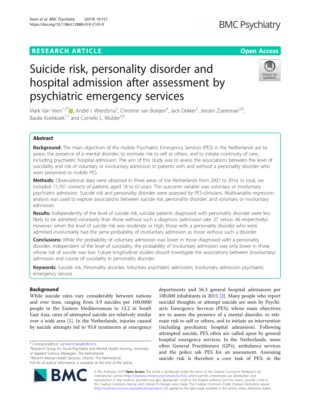 Suicide Risk, Personality Disorder and Hospital Admission After Assessment by Psychiatric Emergency Services Mark Van Veen1,2* , André I