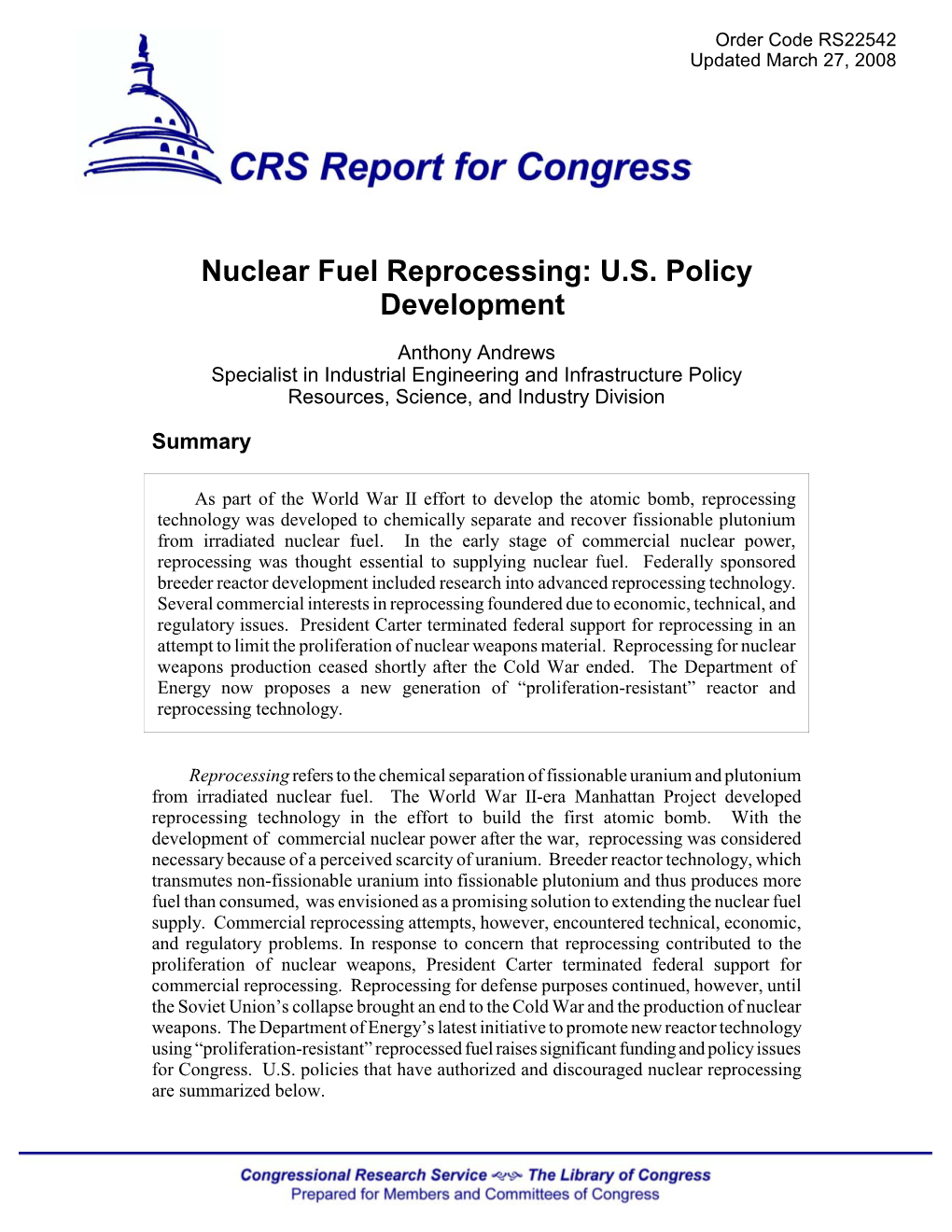 Nuclear Fuel Reprocessing: U.S. Policy Development