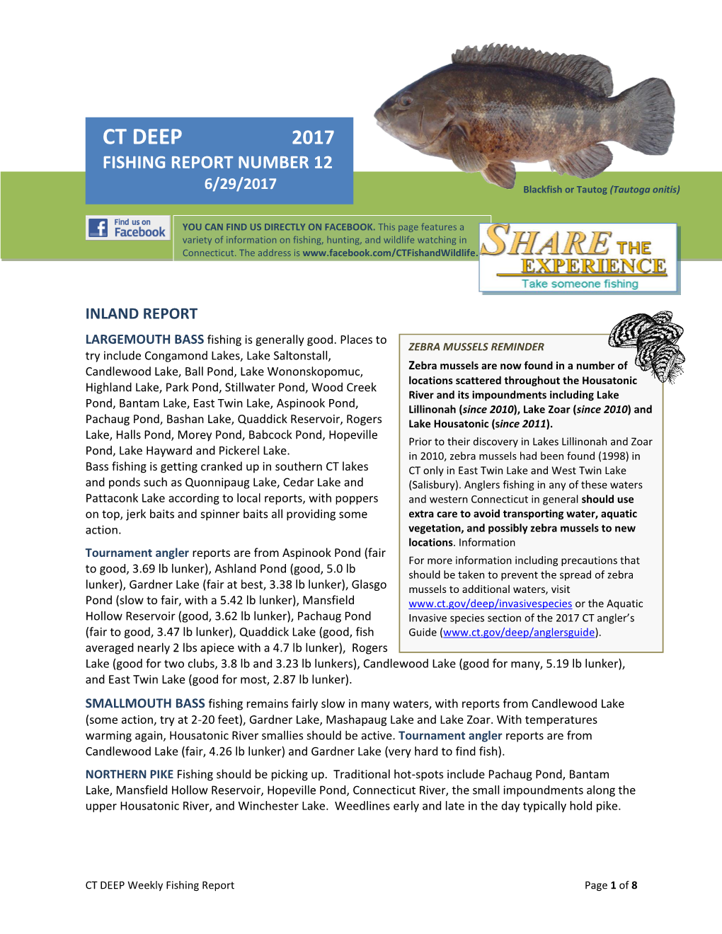 CT DEEP 2017 FISHING REPORT NUMBER 12 Channel Catfish (Ictalurus Punctatus) 6/29/2017 Blackfish Or Tautog (Tautoga Onitis)