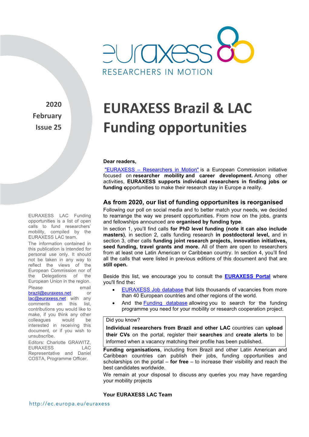 EURAXESS Brazil & LAC Funding Opportunities February 2020
