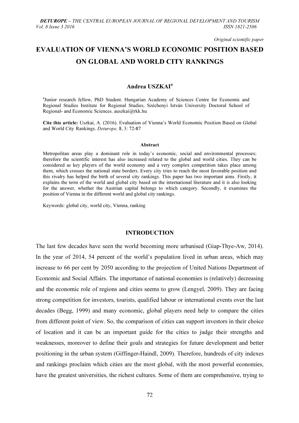 Evaluation of Vienna's World Economic Position Based On