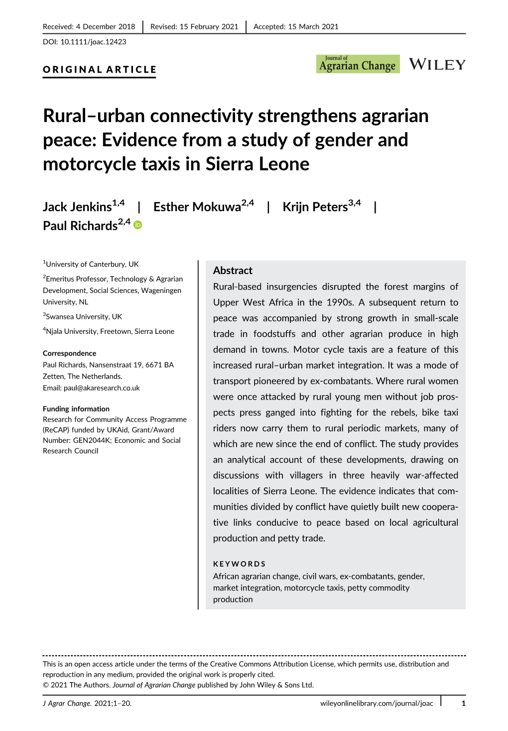 Evidence from a Study of Gender and Motorcycle Taxis in Sierra Leone