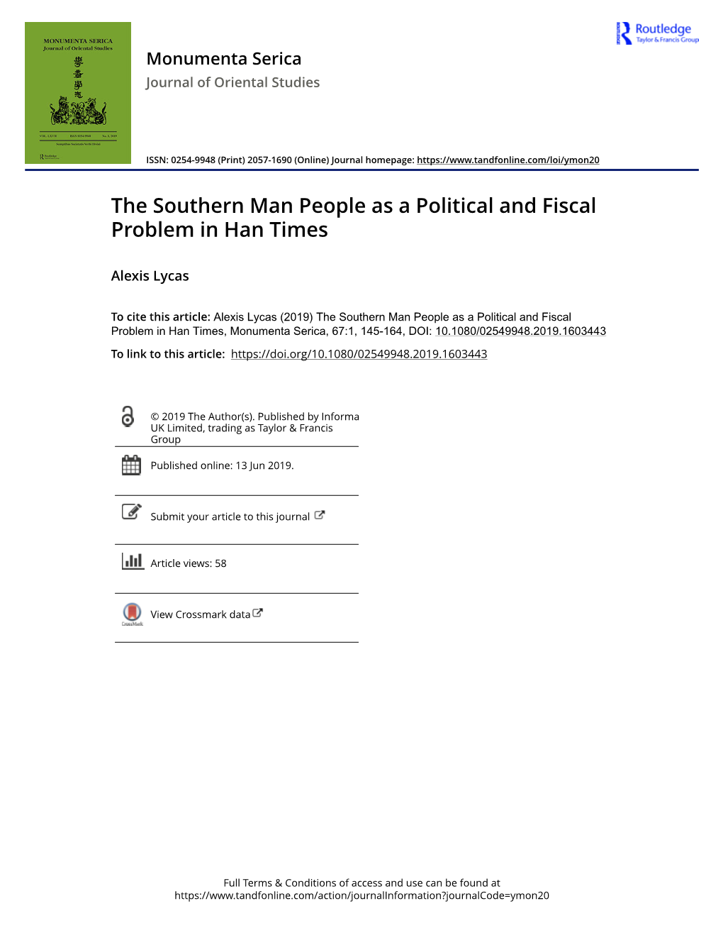 The Southern Man People As a Political and Fiscal Problem in Han Times