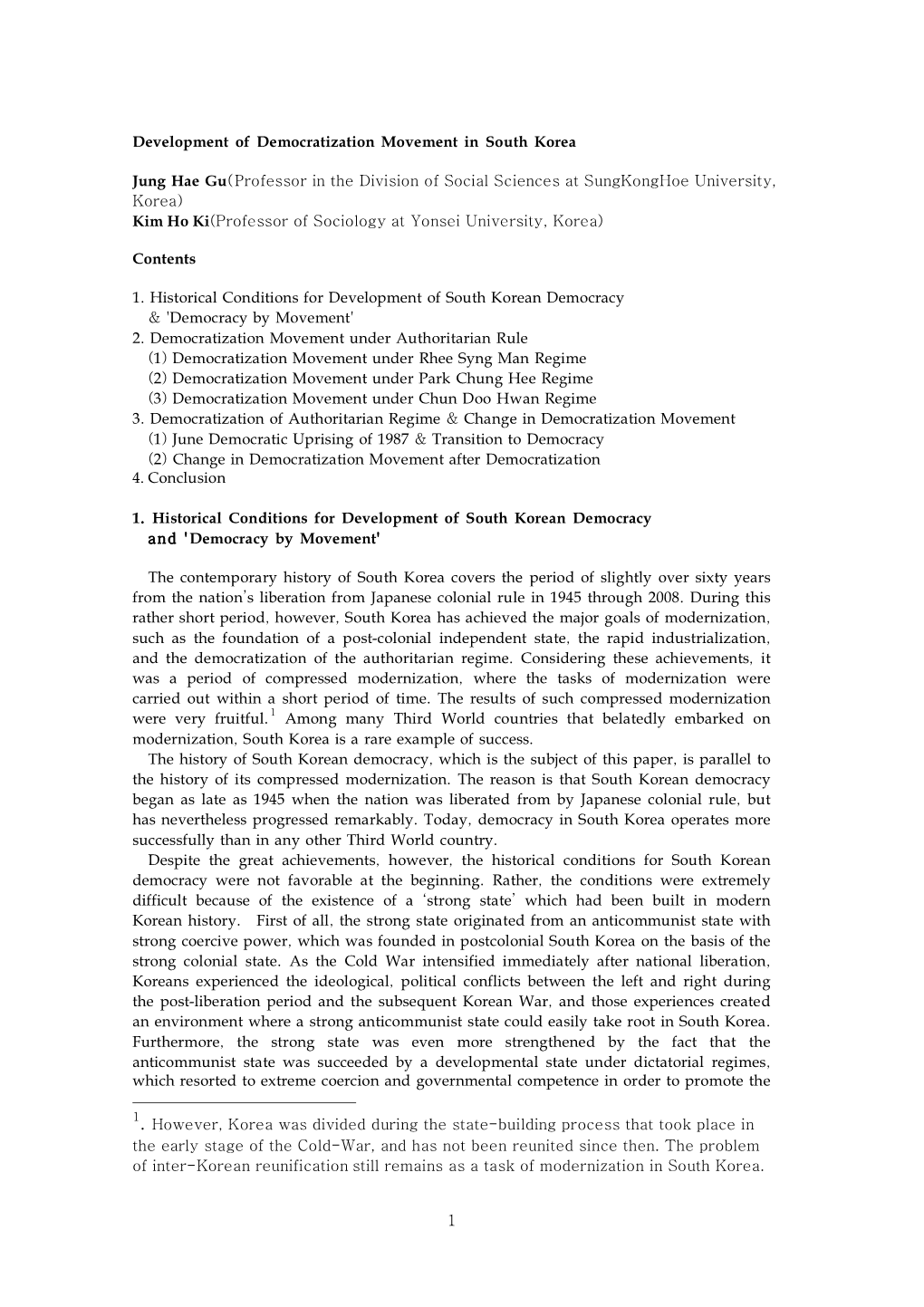 1 Development of Democratization Movement in South Korea Jung