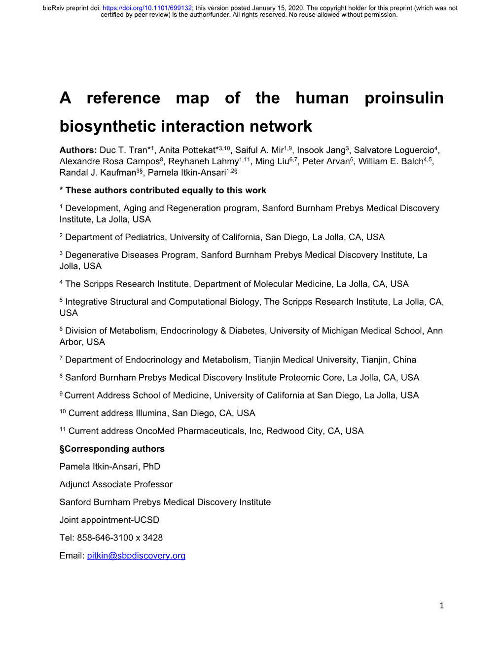 A Reference Map of the Human Proinsulin Biosynthetic Interaction Network