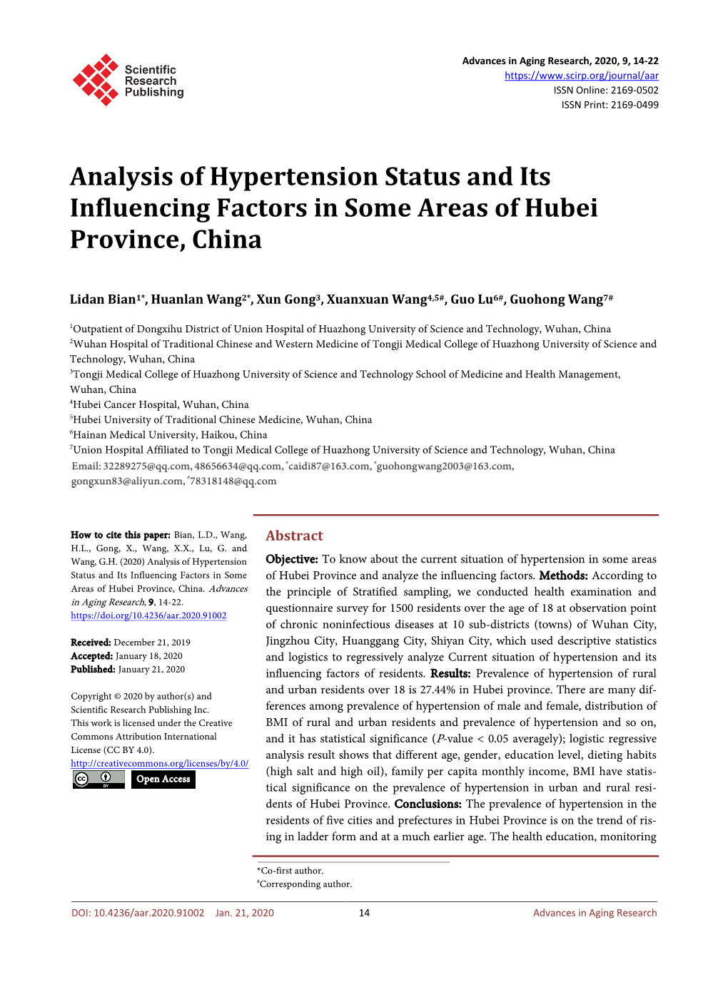Analysis of Hypertension Status and Its Influencing Factors in Some Areas of Hubei Province, China