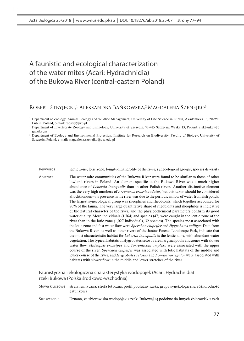 Acari: Hydrachnidia) of the Bukowa River (Central-Eastern Poland