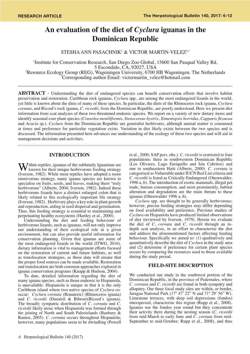 An Evaluation of the Diet of Cyclura Iguanas in the Dominican Republic