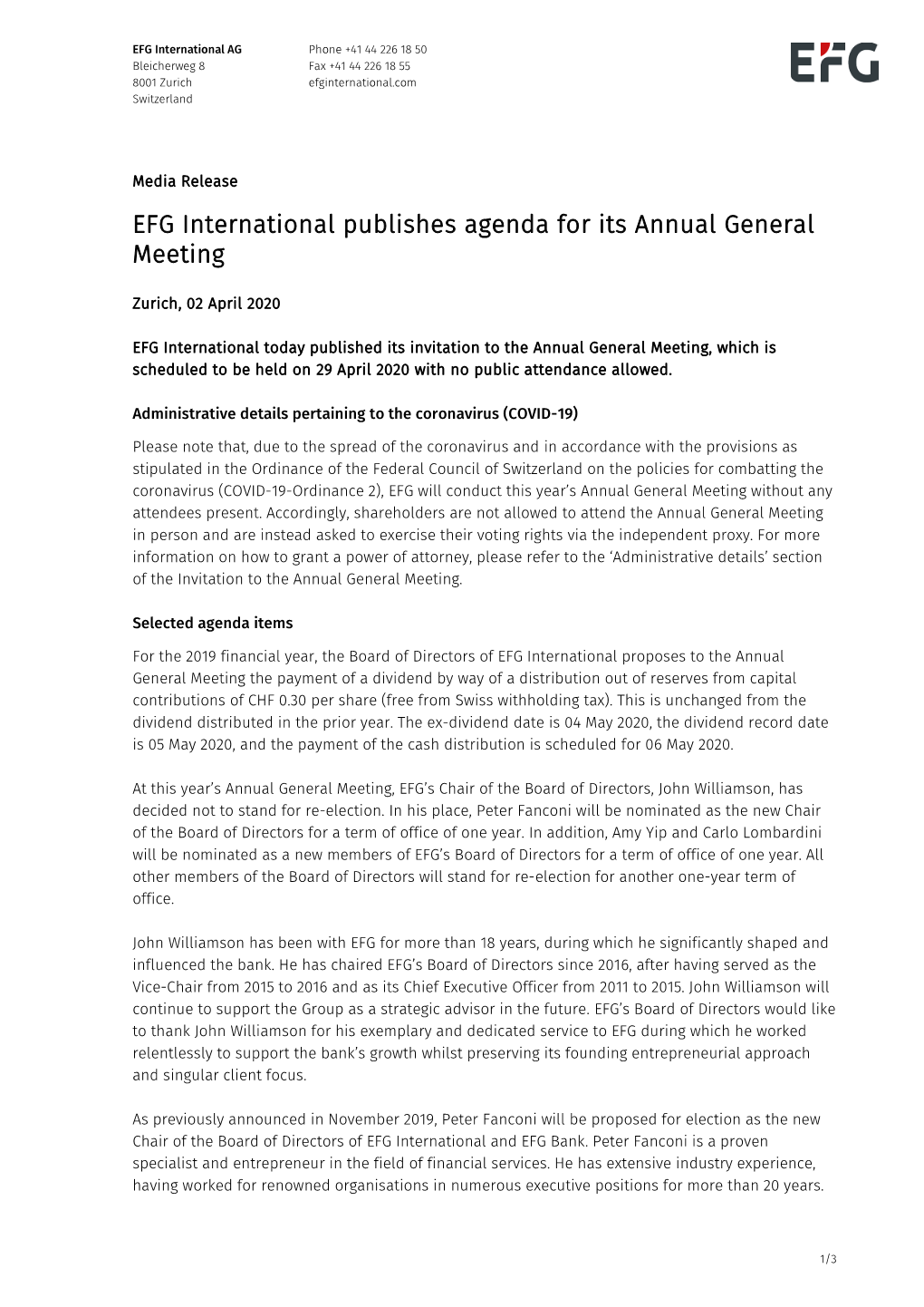 EFG International Publishes Agenda for Its Annual General Meeting