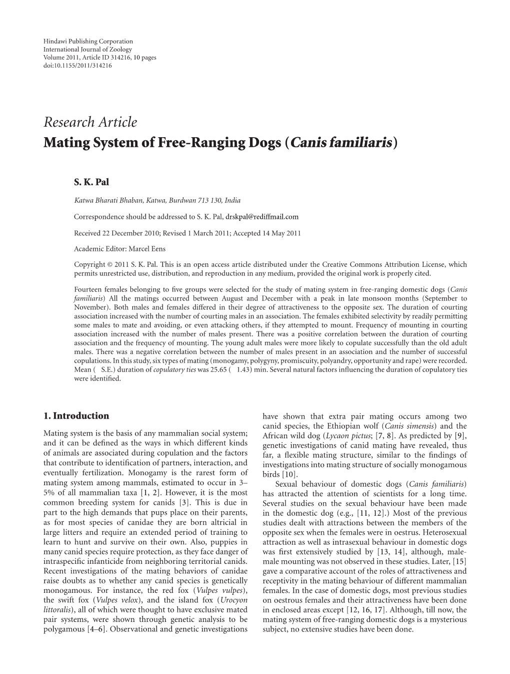 Research Article Mating System of Free-Ranging Dogs (Canis Familiaris)