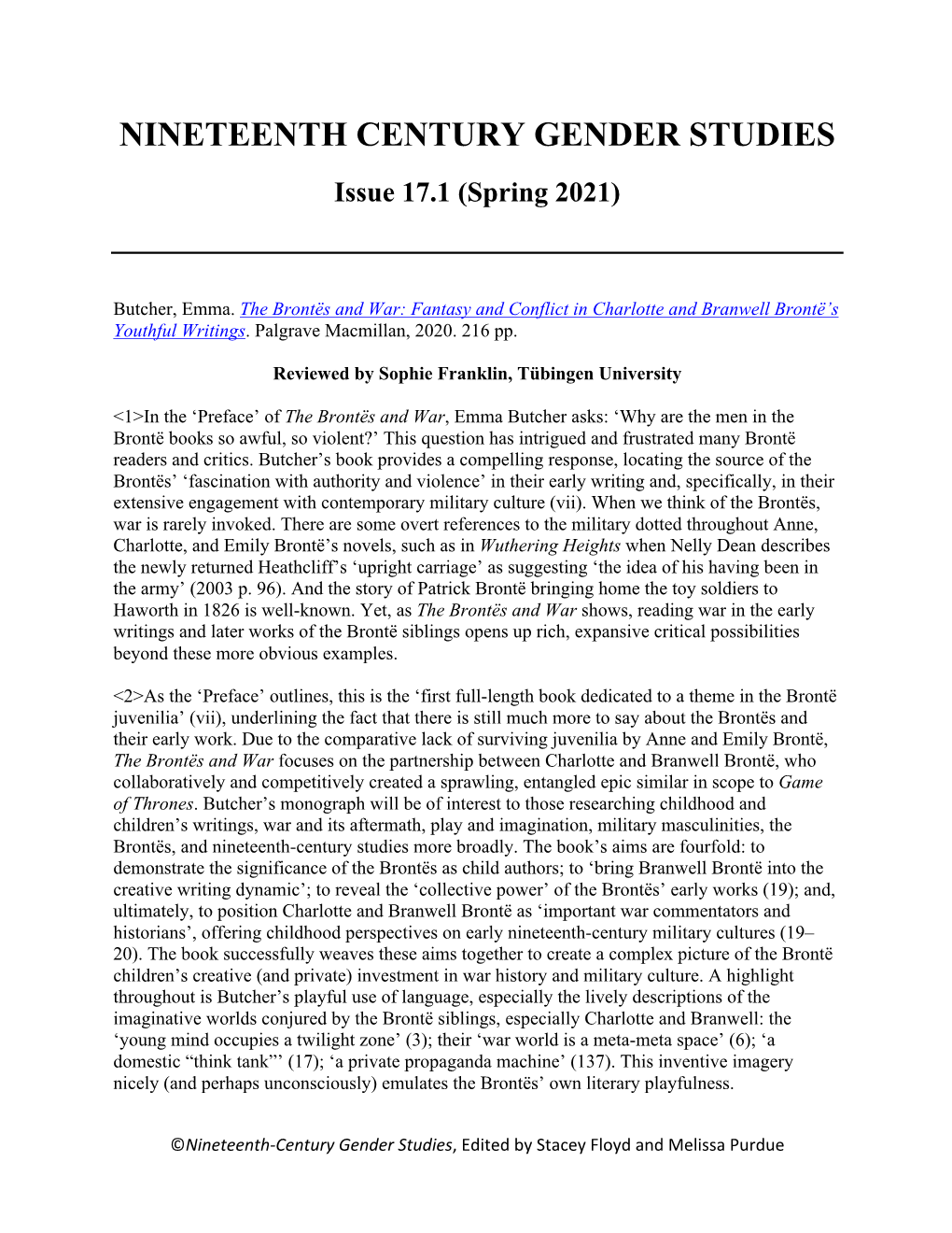 NINETEENTH CENTURY GENDER STUDIES Issue 17.1 (Spring 2021)