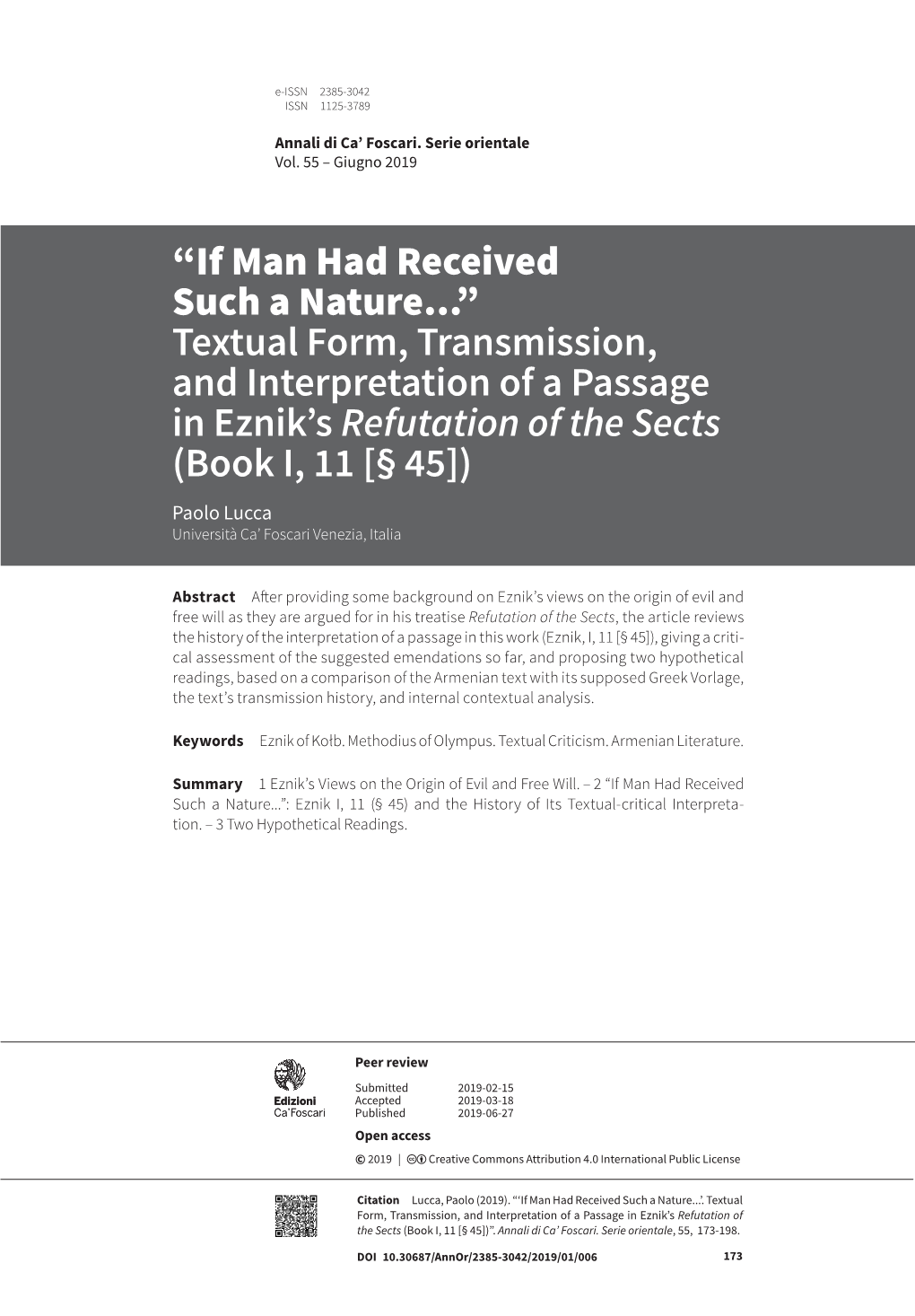 Textual Form, Transmission, and Interpretation of a Passage in Eznik’S Refutation of the Sects (Book I, 11 [§ 45]) Paolo Lucca Università Caʼ Foscari Venezia, Italia