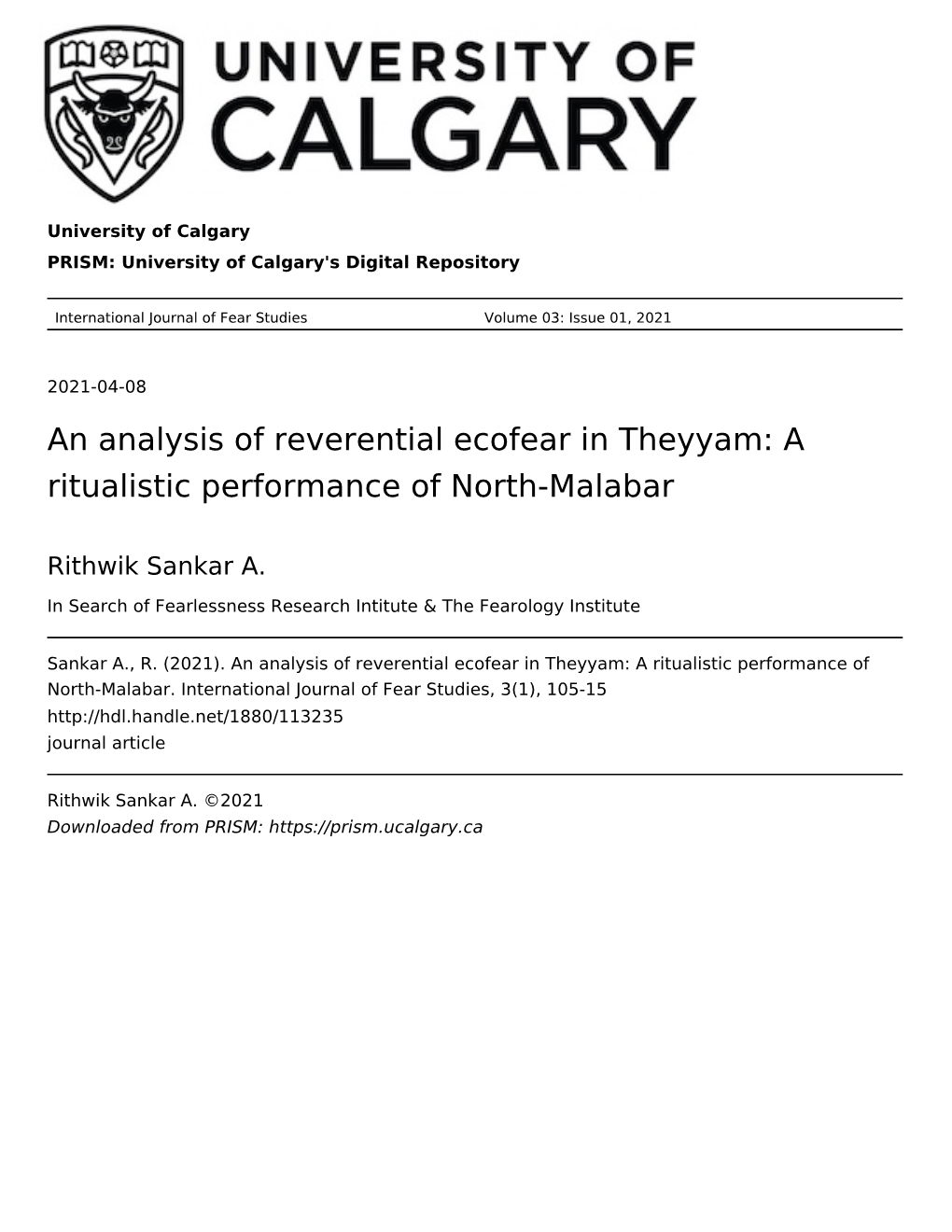 An Analysis of Reverential Ecofear in Theyyam: a Ritualistic Performance of North-Malabar