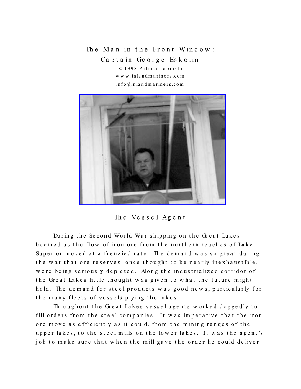 The Man in the Front Window: Captain George Eskolin © 1998 Patrick Lapinski Info@Inlandmariners.Com