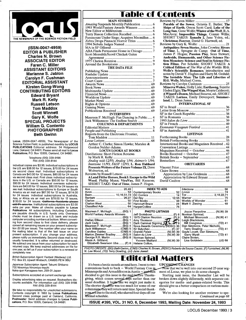 Table of Contents Editorial Matters