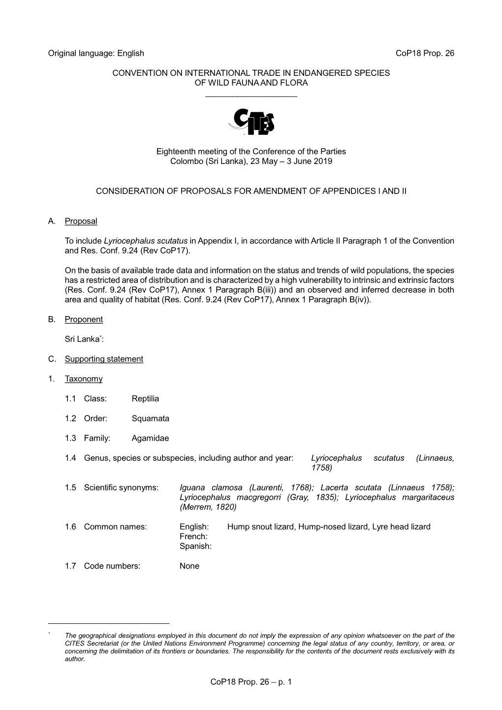 Cop18 Prop. 26 – P. 1 Original Language