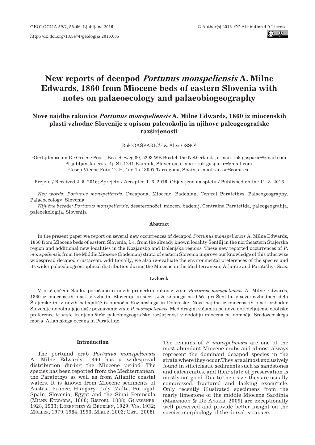 New Reports of Decapod Portunus Monspeliensis A. Milne Edwards, 1860 from Miocene Beds of Eastern Slovenia with Notes on Palaeoecology and Palaeobiogeography