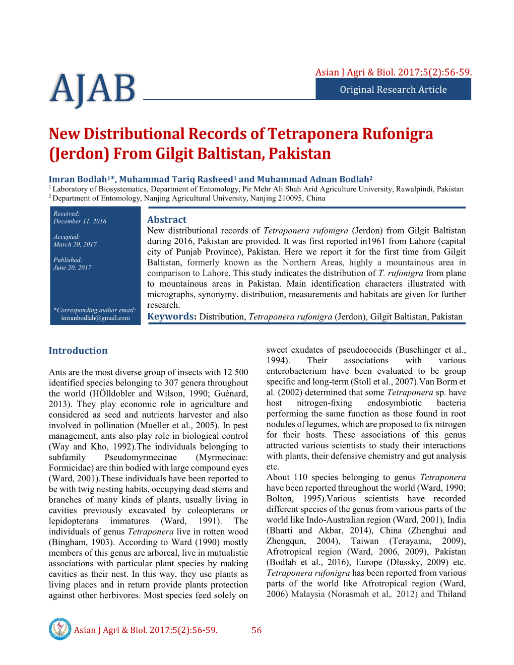 New Distributional Records of Tetraponera Rufonigra (Jerdon) from Gilgit Baltistan, Pakistan