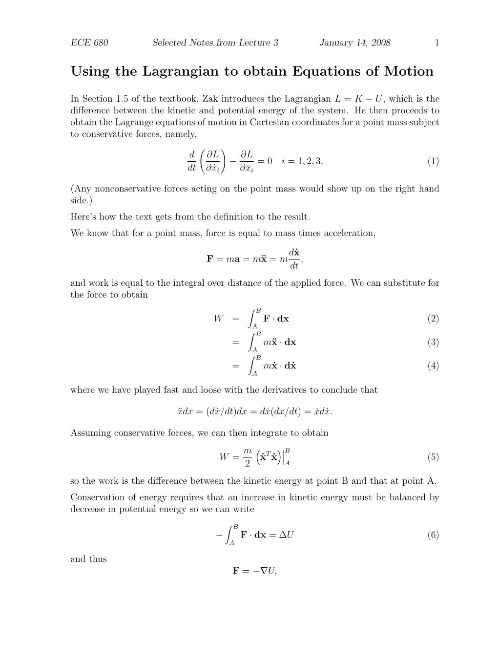 Using the Lagrangian to Obtain Equations of Motion