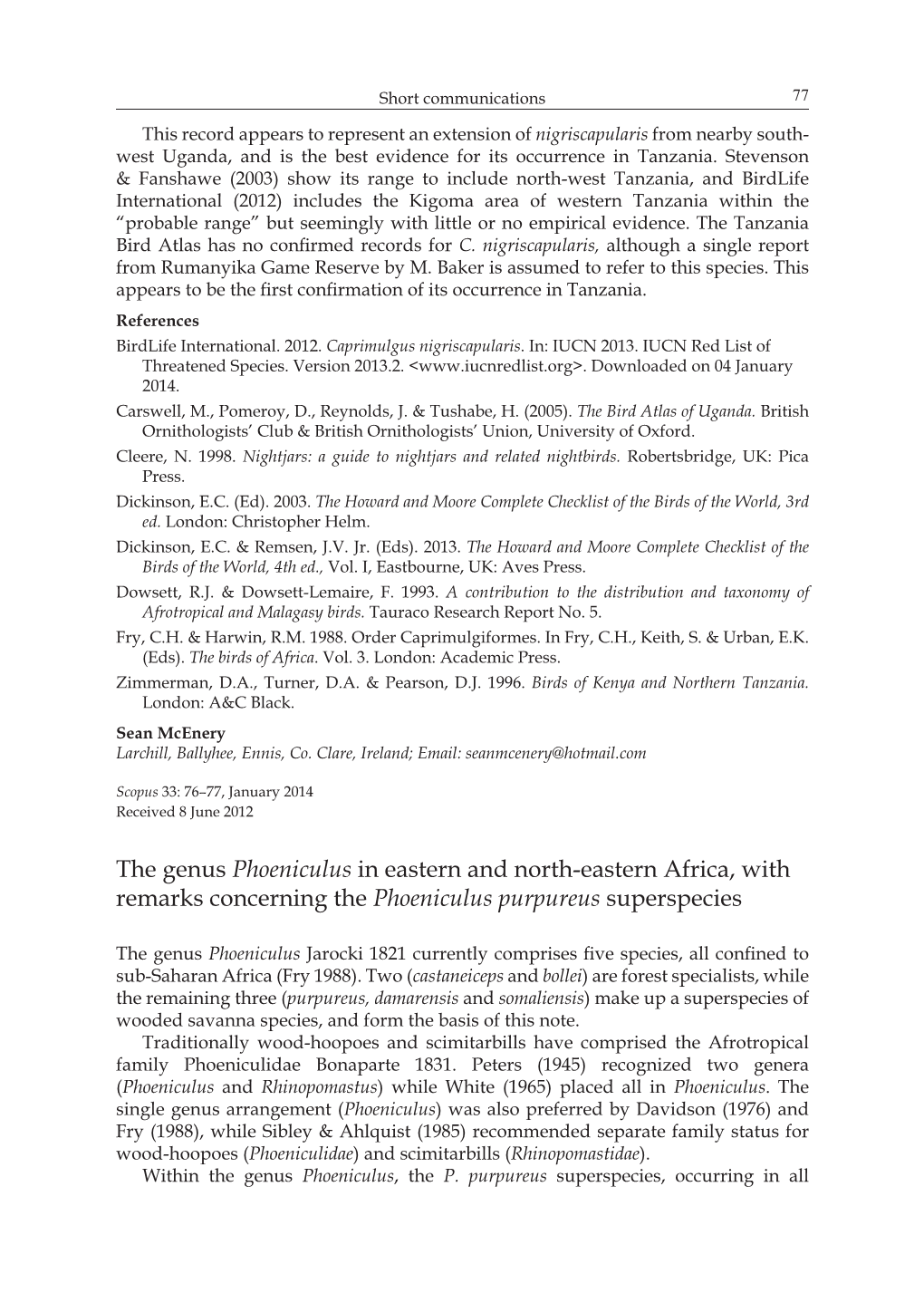 The Genus Phoeniculus in Eastern and North-Eastern Africa, with Remarks Concerning the Phoeniculus Purpureus Superspecies