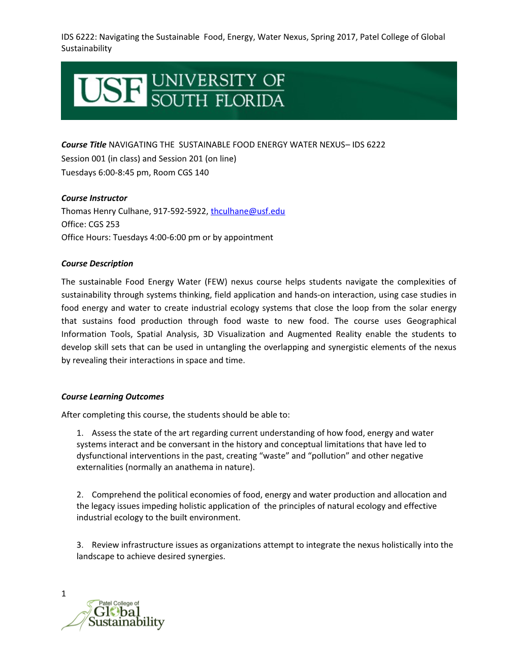 Course Title NAVIGATING the SUSTAINABLE FOOD ENERGY WATER NEXUS IDS 6222