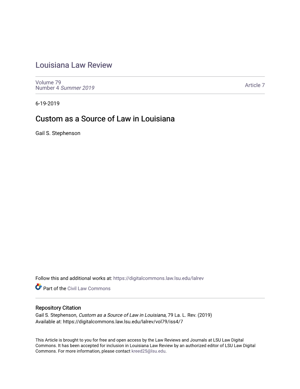 Custom As a Source of Law in Louisiana