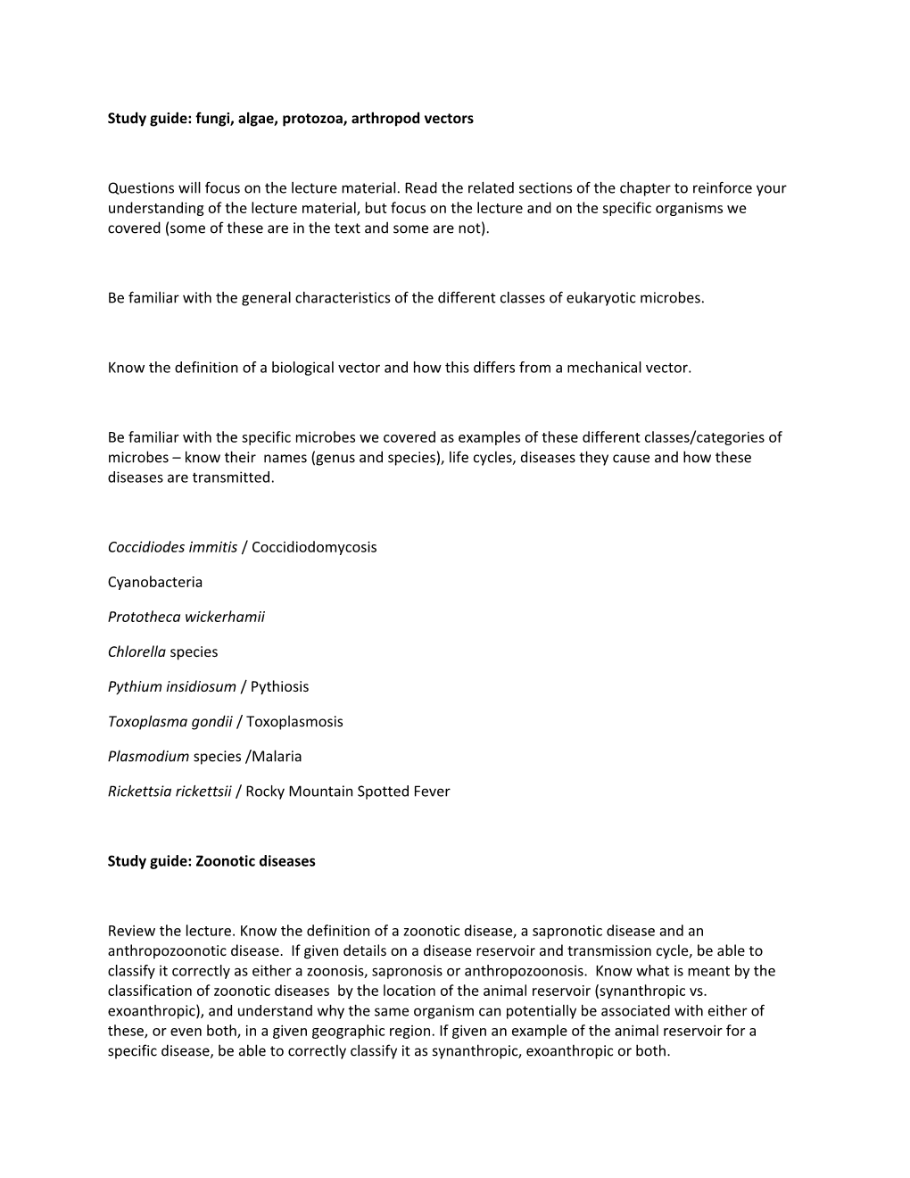 Study Guide: Fungi, Algae, Protozoa, Arthropod Vectors