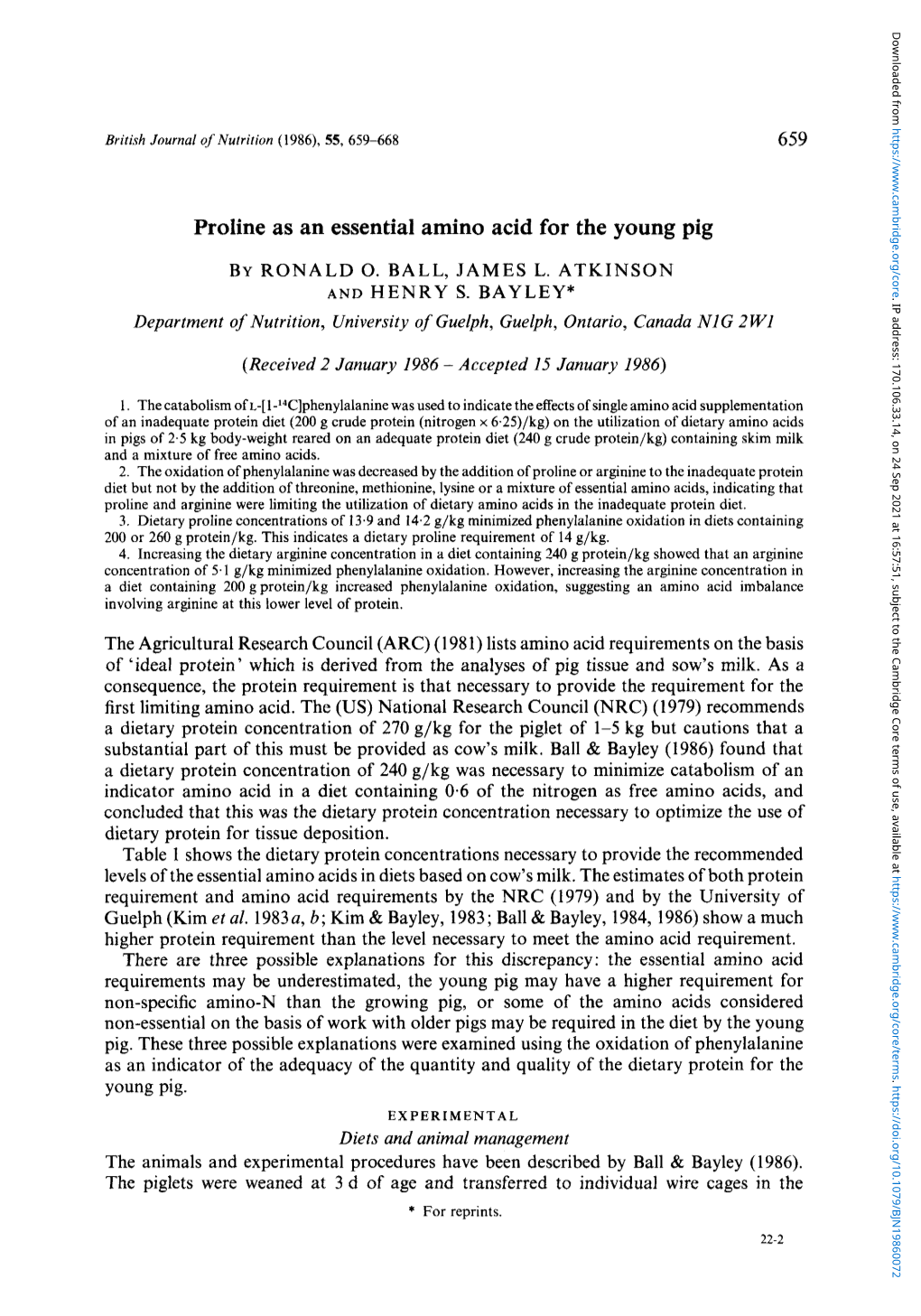 Proline As an Essential Amino Acid for the Young Pig