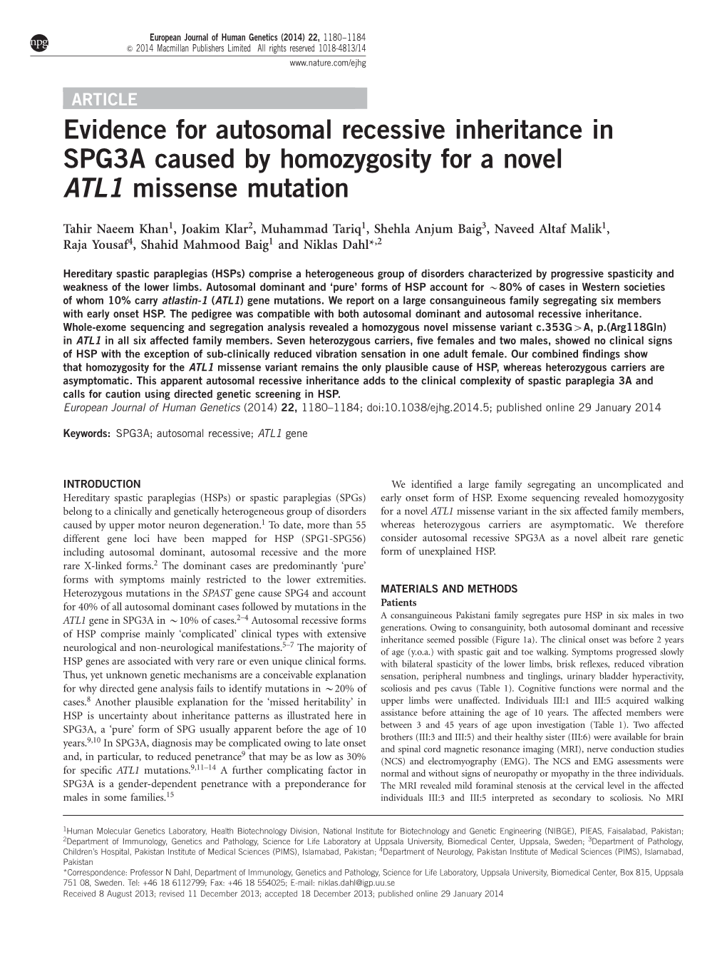 Evidence for Autosomal Recessive Inheritance in SPG3A Caused by Homozygosity for a Novel ATL1 Missense Mutation