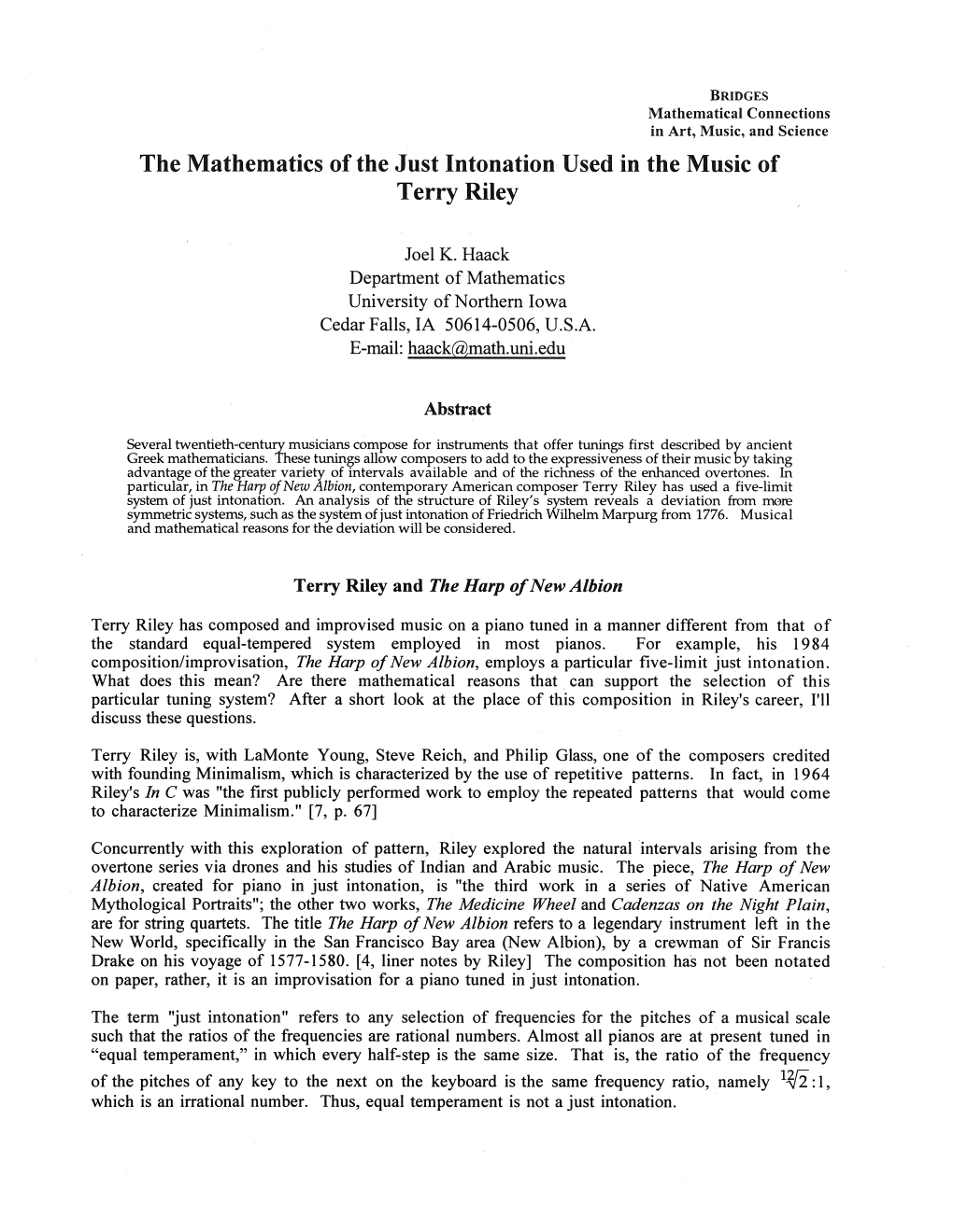 The Mathematics of the Just Intonation Used in the Music of Terry Riley