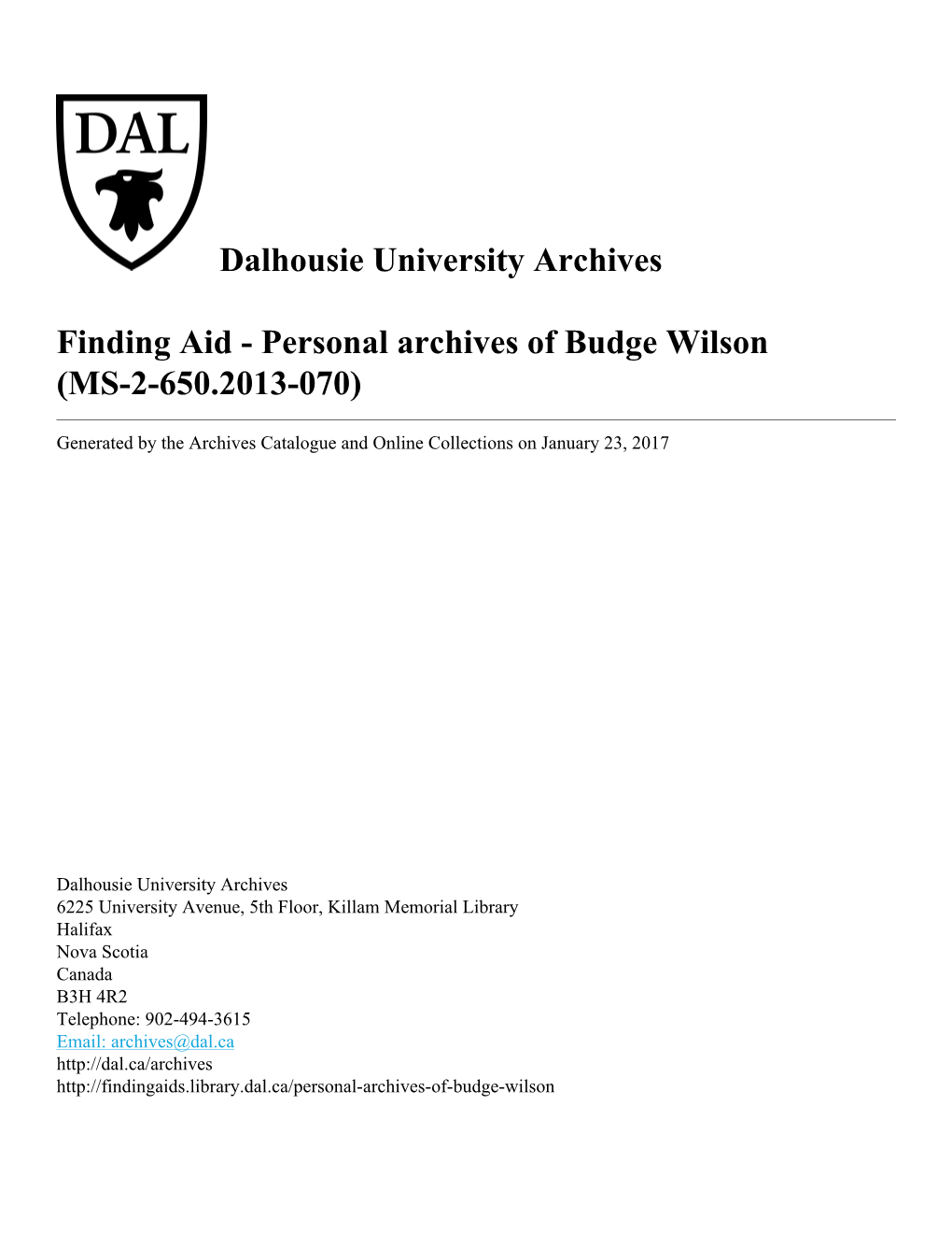 Personal Archives of Budge Wilson (MS-2-650.2013-070)