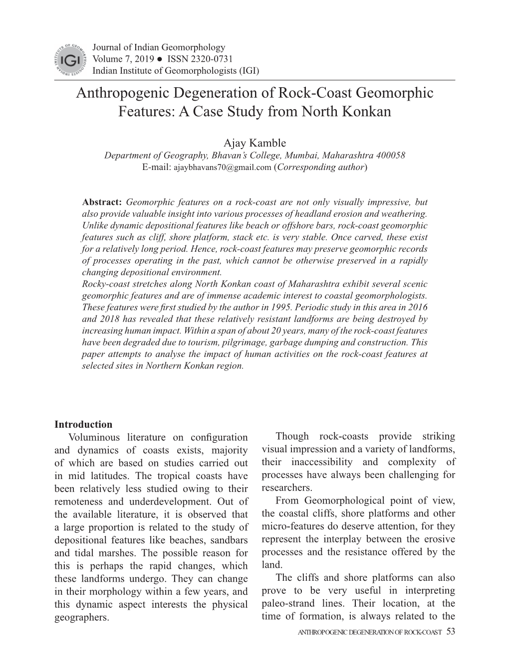 Anthropogenic Degeneration of Rock-Coast Geomorphic Features: a Case Study from North Konkan