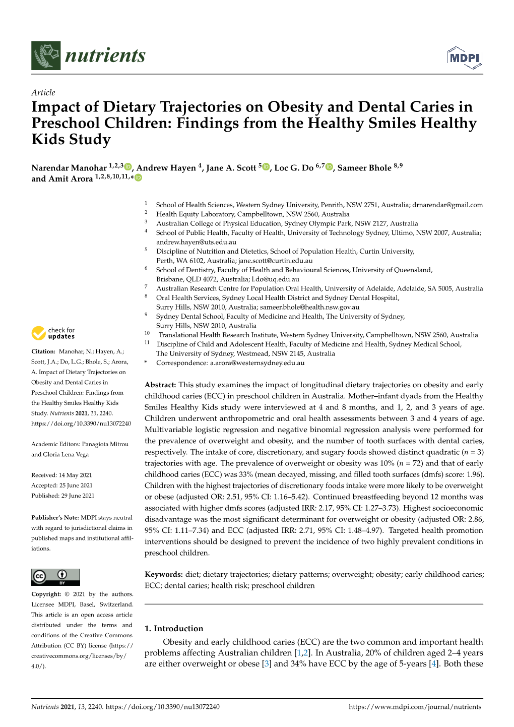 Impact of Dietary Trajectories on Obesity and Dental Caries in Preschool Children: Findings from the Healthy Smiles Healthy Kids Study