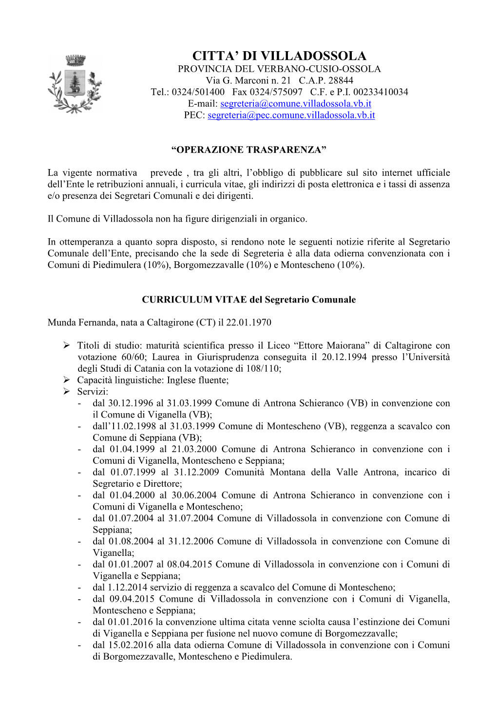 CURRICULUM VITAE Del Segretario Comunale