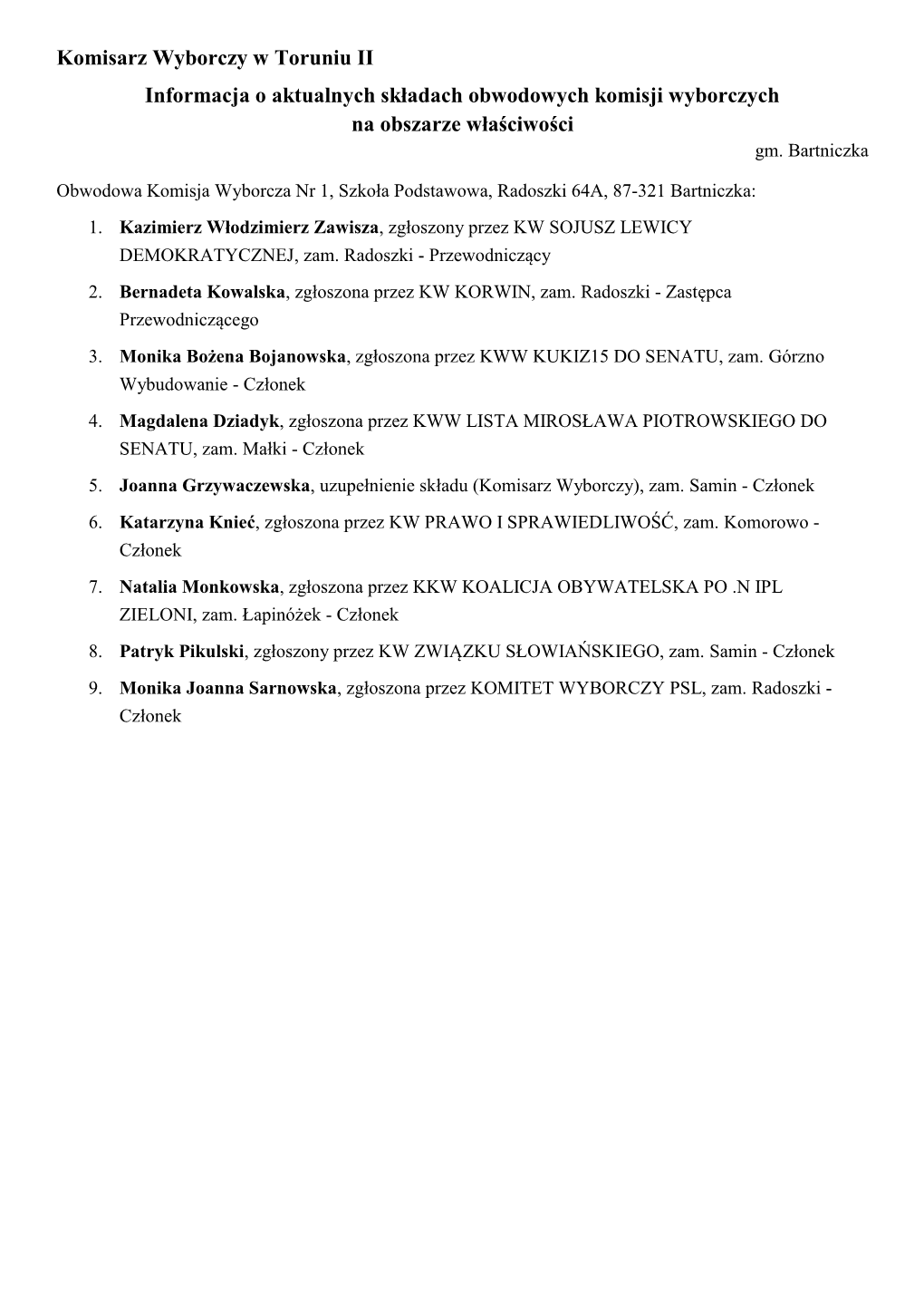 Komisarz Wyborczy W Toruniu II Informacja O Aktualnych Składach Obwodowych Komisji Wyborczych Na Obszarze Właściwości Gm