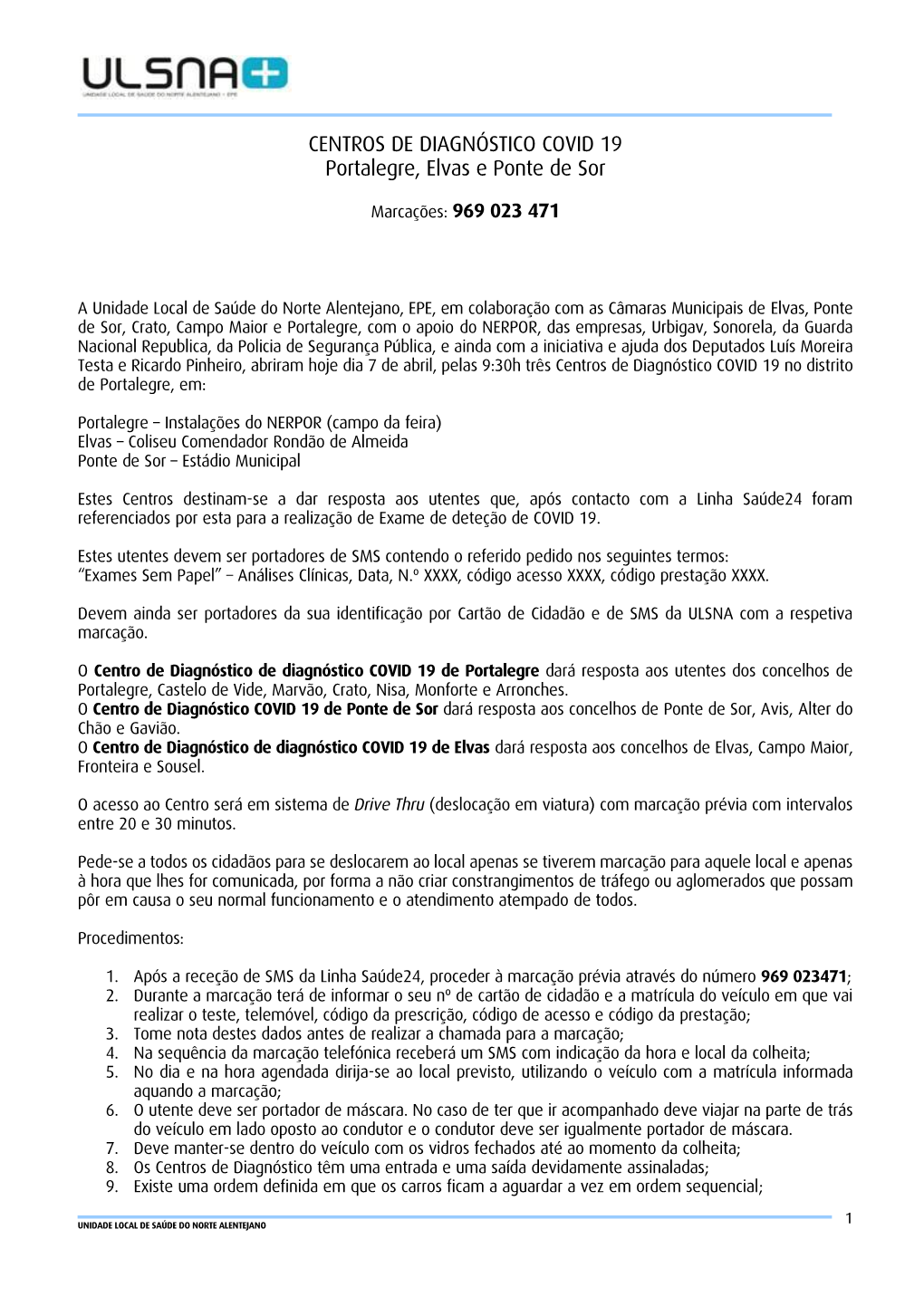 CENTROS DE DIAGNÓSTICO COVID 19 Portalegre, Elvas E Ponte De Sor