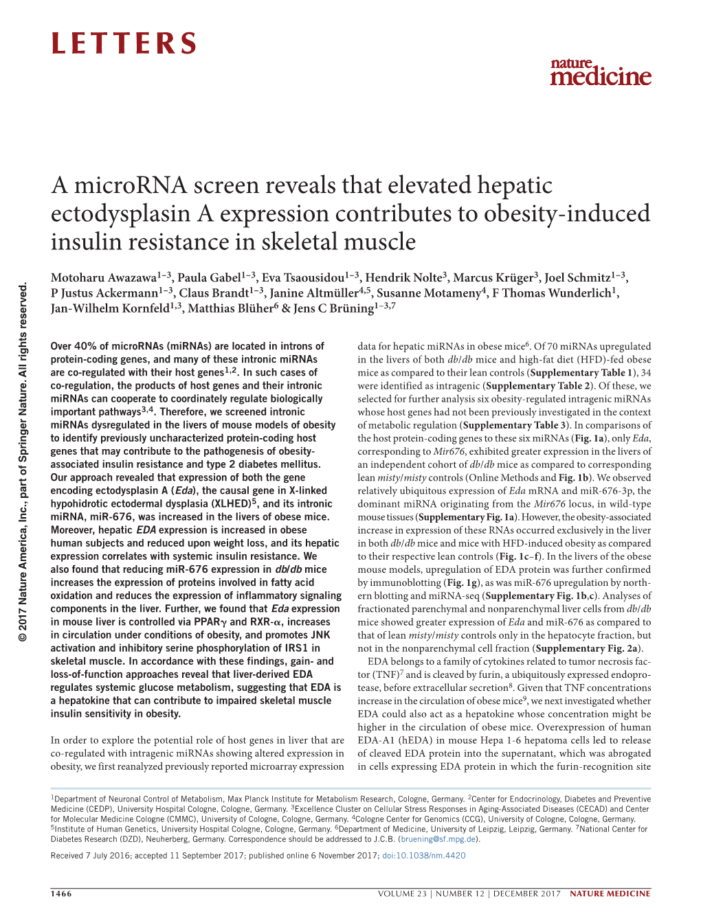 A Microrna Screen Reveals That Elevated Hepatic Ectodysplasin a Expression Contributes to Obesity-Induced Insulin Resistance in Skeletal Muscle