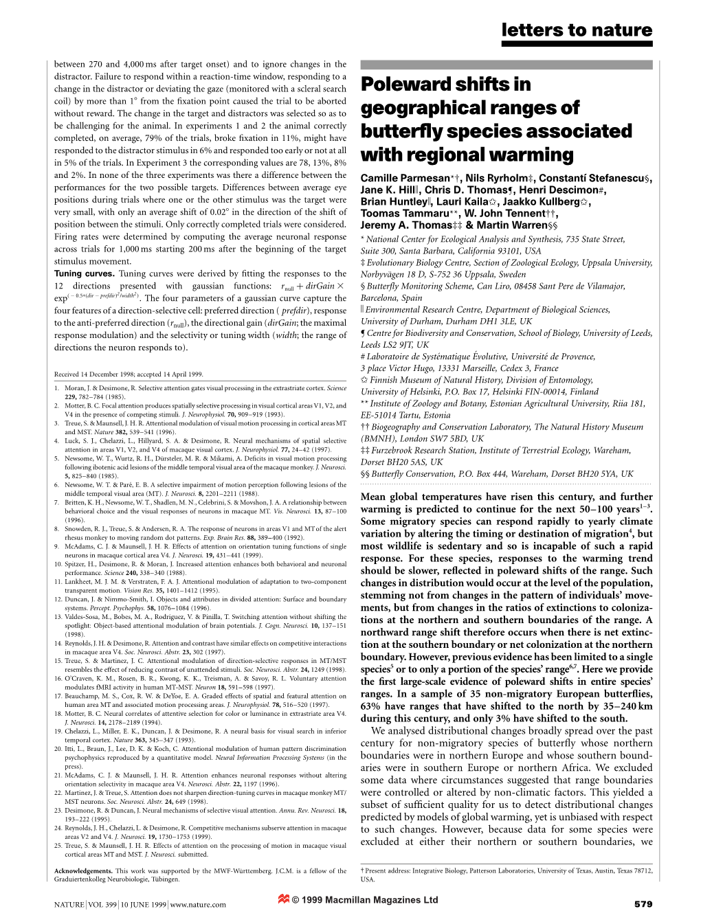 Poleward Shifts in Geographical Ranges of Butterfly Species Associated with Regional Warming