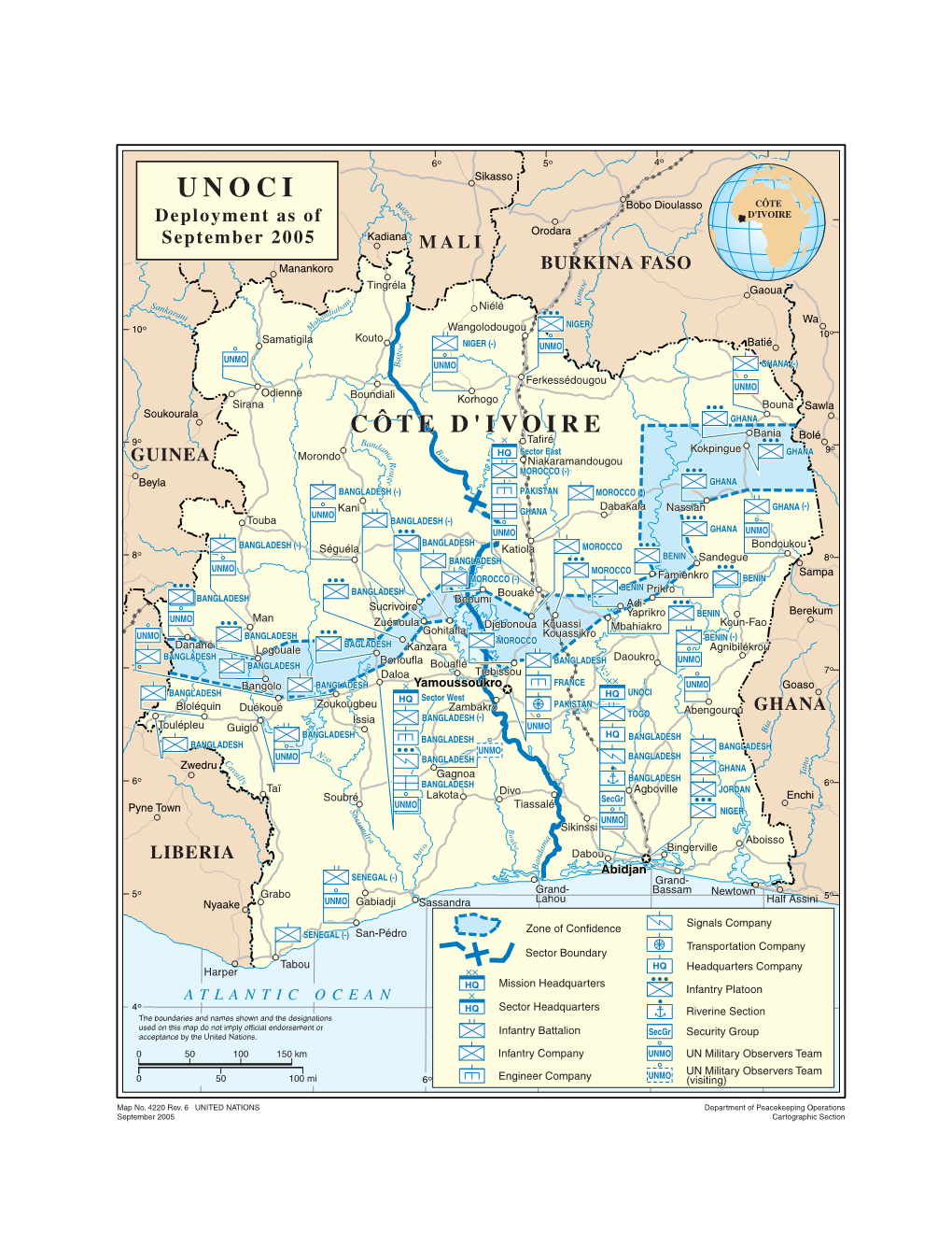 CÔTE D'ivoire GHANA Bania Bolé 9 B Tafiré ° Anda M B HQ Sector East Kokpingue GHANA 9° Morondo a O GUINEA U