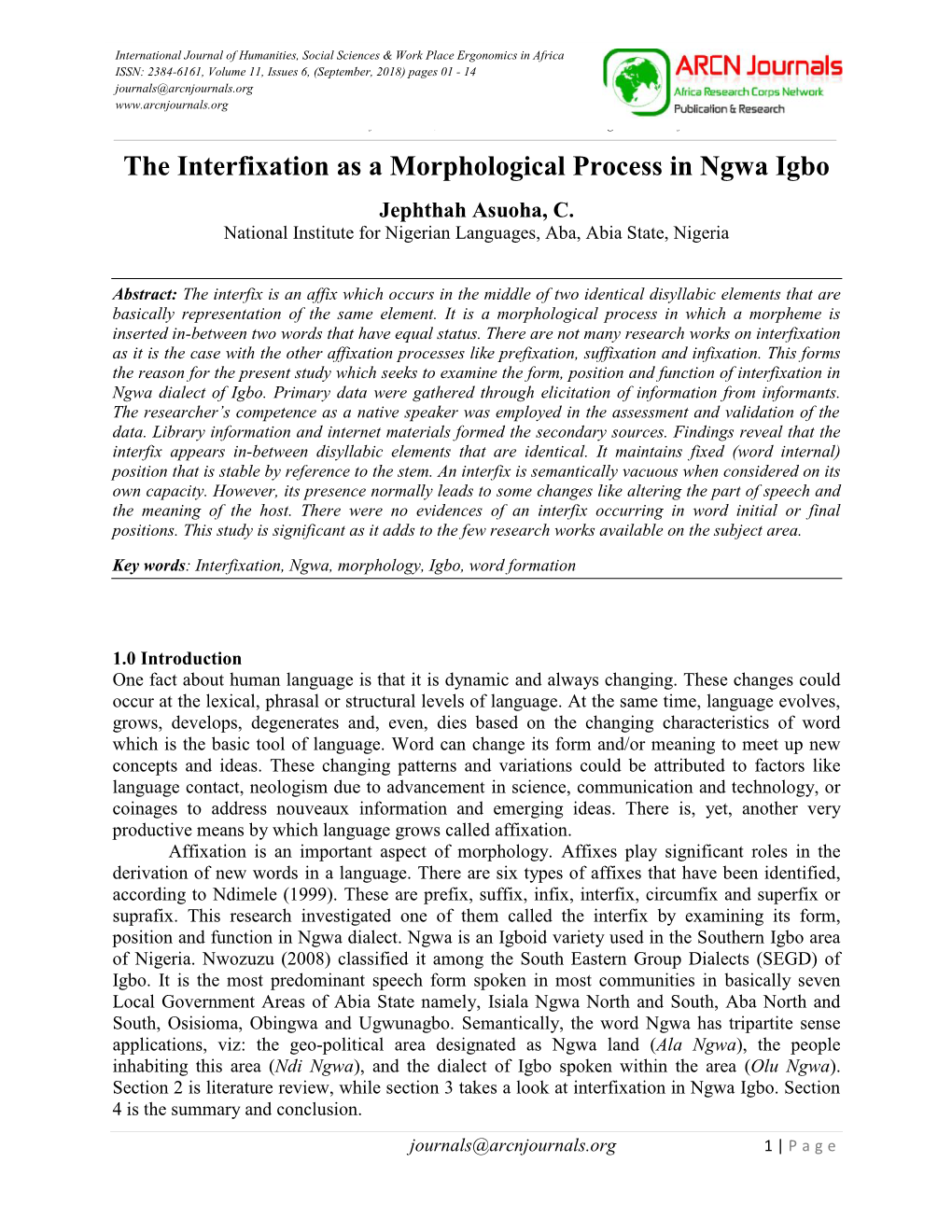 The Interfixation As a Morphological Process in Ngwa Igbo Jephthah Asuoha, C