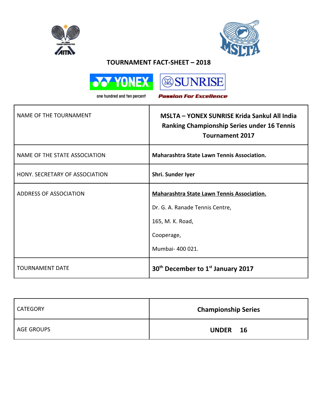 Tournament Fact - Sheet s1