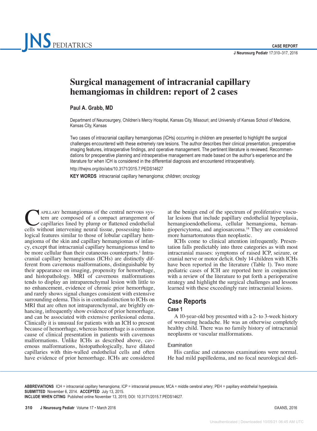 Surgical Management of Intracranial Capillary Hemangiomas in Children: Report of 2 Cases