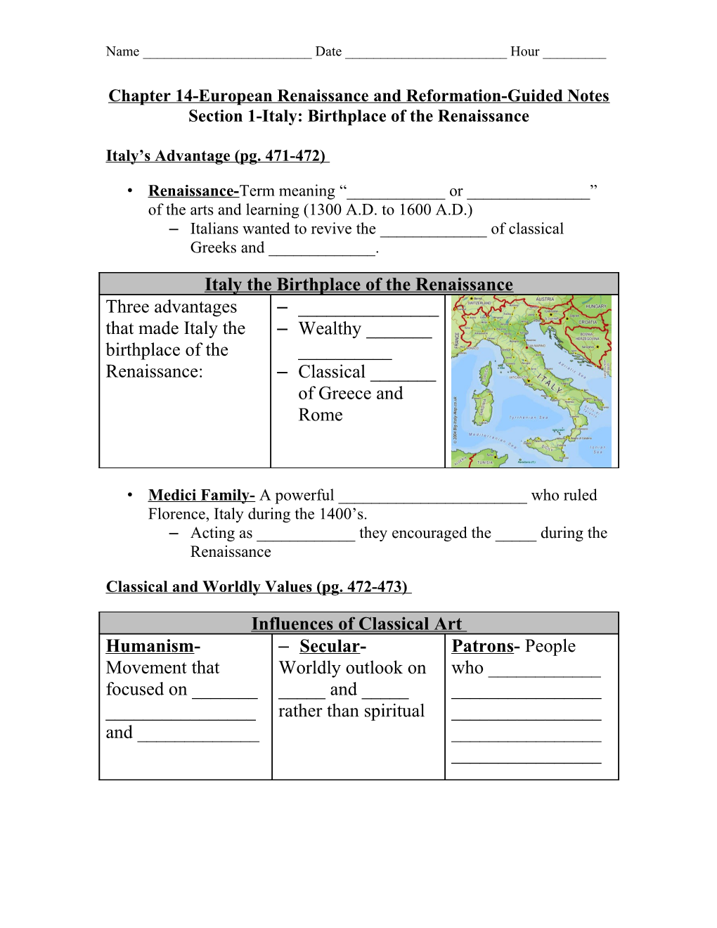 Chapter 14-European Renaissance and Reformation-Guided Notes