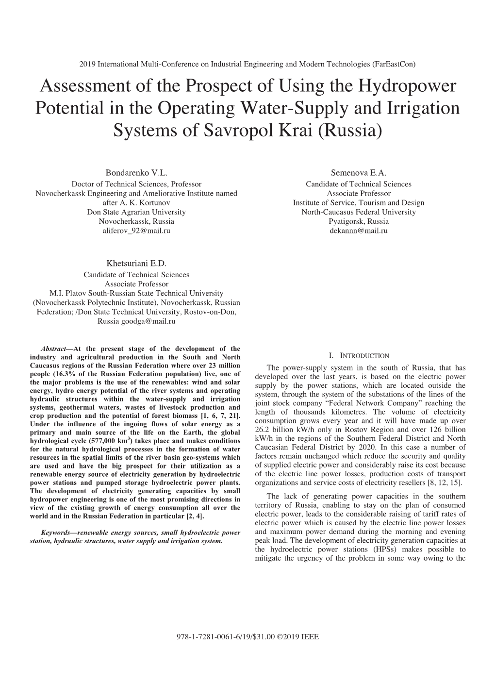 Assessment of the Prospect of Using the Hydropower Potential in the Operating Water-Supply and Irrigation Systems of Savropol Krai (Russia)