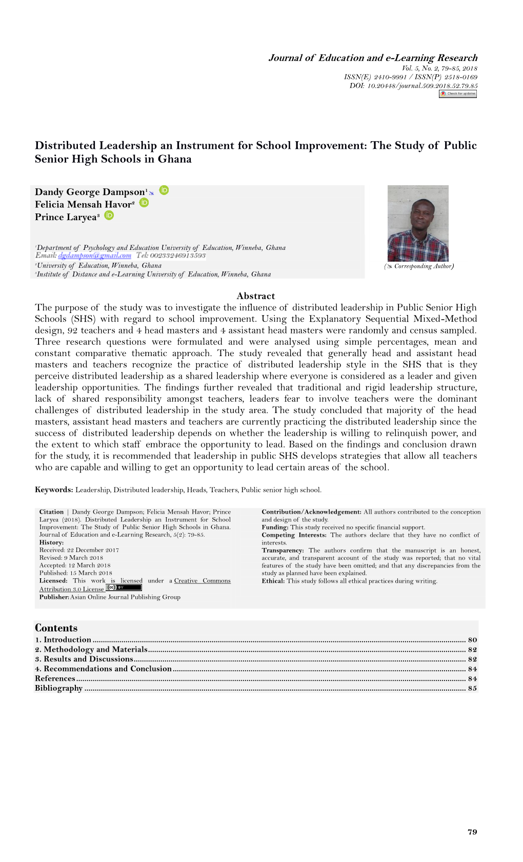 Distributed Leadership an Instrument for School Improvement: the Study of Public Senior High Schools in Ghana