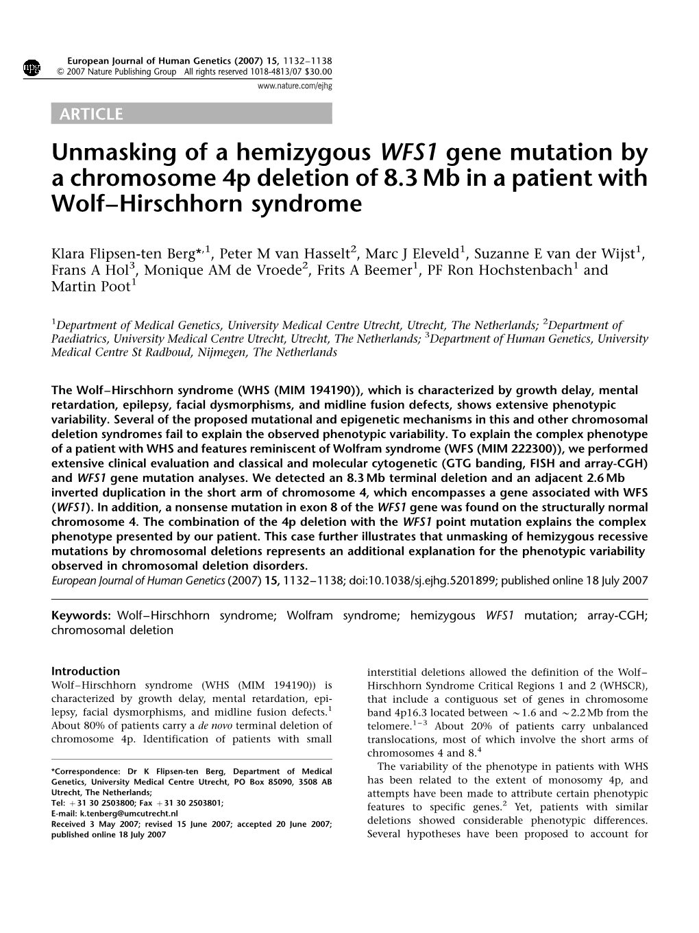 Unmasking of a Hemizygous WFS1 Gene Mutation by a Chromosome 4P Deletion of 8.3 Mb in a Patient with Wolf–Hirschhorn Syndrome