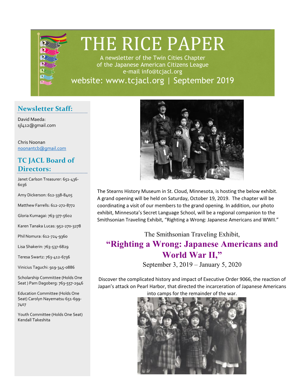 THE RICE PAPER a Newsletter of the Twin Cities Chapter of the Japanese American Citizens League E-Mail Info@Tcjacl.Org Website: | September 2019