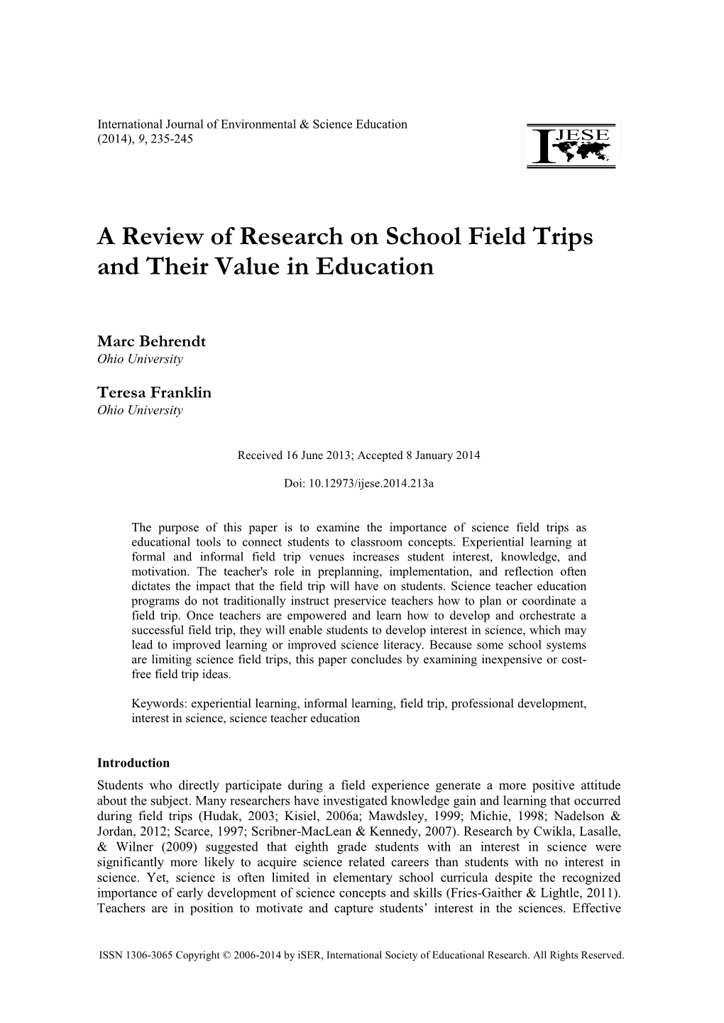 A Review of Research on School Field Trips and Their Value in Education