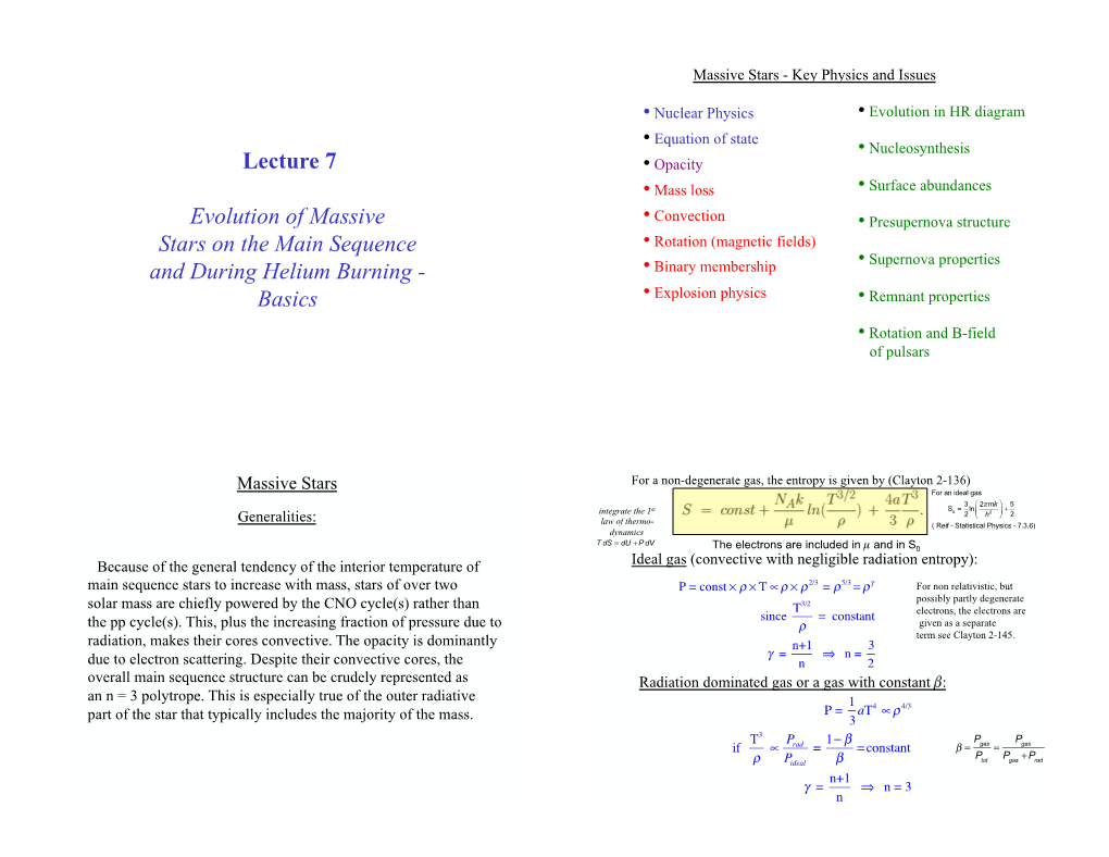 Lecture 7 Evolution of Massive Stars on the Main Sequence and During